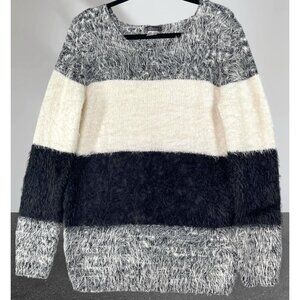 VENUS Black White Gray Colorblock Striped Fuzzy Eyelash Sweater Women's Medium